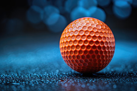 Close up of a wet orange golf ball on a blue surface with blurred backgroundの素材