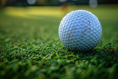 Closeup of a golf ball resting on green grass near the golf course fairwayの素材