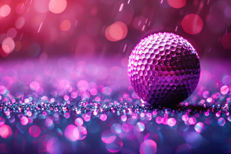 Purple golf ball on a bed of glitter with a blurred background of twinkling lightsの素材