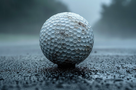 Golf ball on a wet tee in the rainの素材