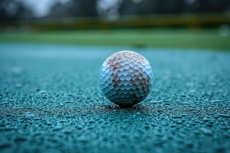 Golf ball resting on wet green turf after rainの素材
