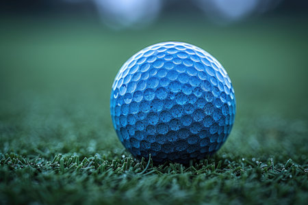 Closeup of a blue golf ball resting on green grass fieldの素材