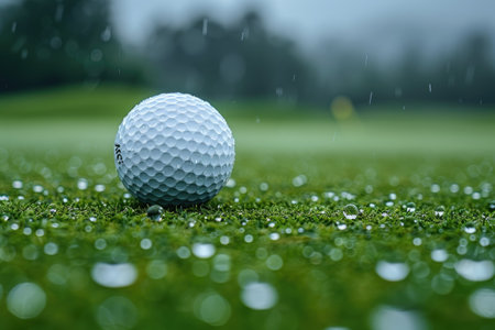 Closeup of a golf ball on wet green grass during rain with blurred backgroundの素材