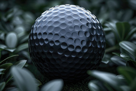 Golf ball resting on a lush green putting surface surrounded by rough grassの素材