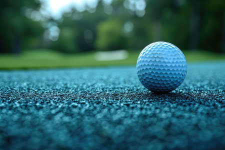 Closeup of a golf ball on asphalt with blurred green fairway in the backgroundの素材
