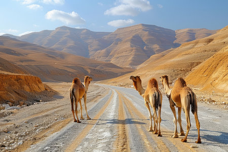 Four camels walking on a desert road with mountains in the backgroundの素材