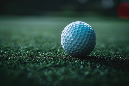 Closeup of a golf ball resting on the green grass of a golf course fairwayの素材