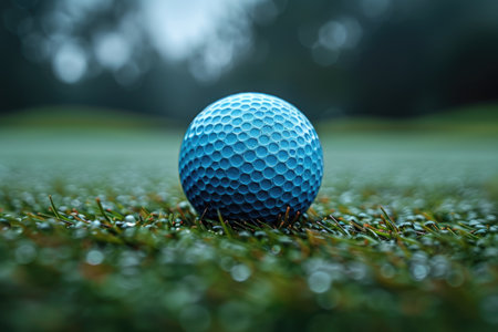 Closeup of a blue golf ball resting on the green grass of a golf course fairwayの素材