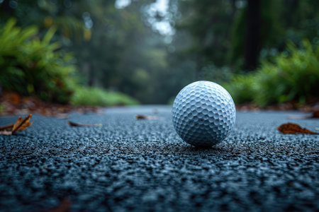 Golf ball resting on wet asphalt surrounded by fallen leavesの素材