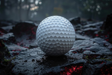 Golf ball resting on a lava rock surface with a dark backgroundの素材
