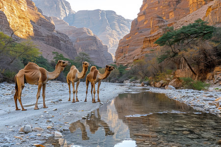 Three camels standing in a canyon with a river reflecting the skyの素材