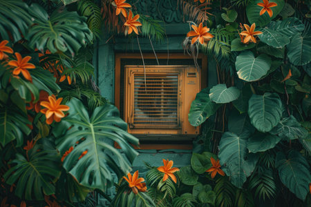 Leafy air conditioner vent covered in tropical foliageの素材