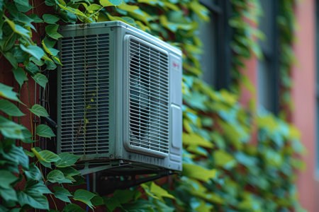 Air conditioner unit on brick wall covered in vinesの素材