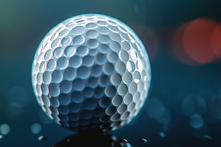 Closeup of a golf ball with a textured surface under a spotlightの素材