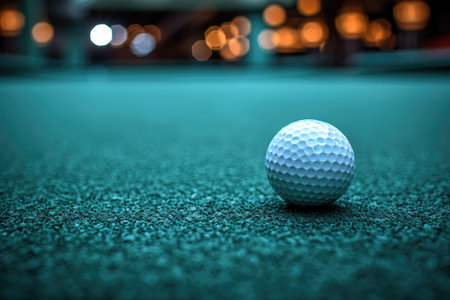 Closeup of a golf ball on a green turf with blurred backgroundの素材