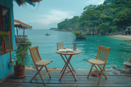 Wooden chairs and table with open book and cup on tropical beach with boat in backgroundの素材