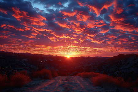 Desert Sunset Over Mountains and Cactiの素材