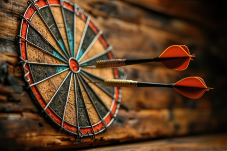 Two darts hit the center of a rustic wooden dartboardの素材