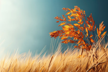A solitary autumn plant amidst a golden wheat field under a cerulean skyの素材