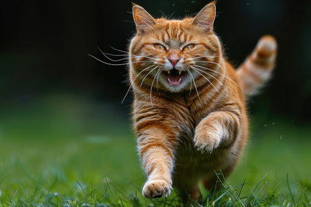 A ginger cat running through tall grass with its mouth open in a playful grinの素材