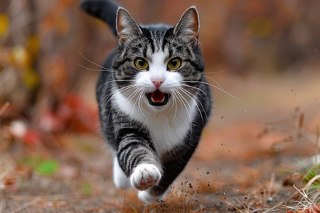 A black and white cat running through a forest in autumnの素材