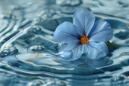A blue flower floats gently on a surface of rippling waterの素材