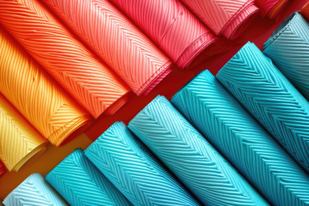 A close-up of several rolls of fabric with a chevron pattern, arranged in a gradient of blue, orange, and red.の素材