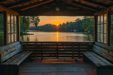Wooden Gazebo with Sunset View over Still Waterの素材