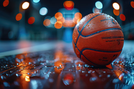Wet Basketball with Bokeh Lights and Water Dropletsの素材