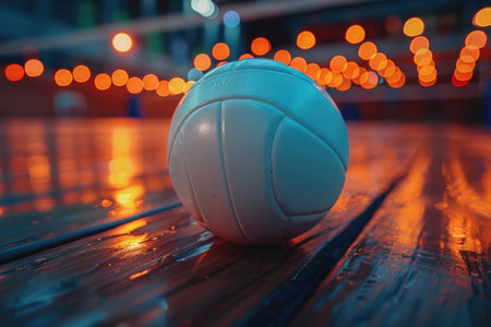 White Volleyball on a Wooden Surface with Bokeh Lightsの素材