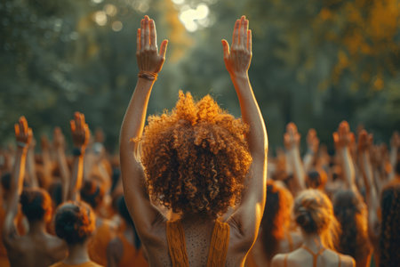 Woman with Curly Hair Raising Her Hands with a Crowd in the Backgroundの素材