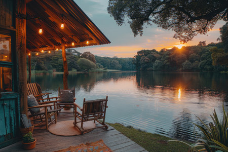 Wooden Deck with Rocking Chairs Overlooking a Lake at Sunsetの素材