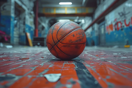 Worn Basketball on an Abandoned Indoor Courtの素材