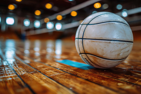 Worn Basketball on a Wooden Floor with Bokeh Lightsの素材