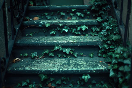Green Ivy Crawling Up Aged Stone Stepsの素材