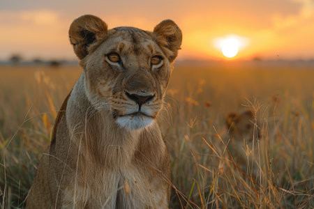 Lioness Gazing at Sunset in African Savannaの素材