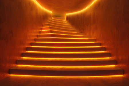 Illuminated Staircase with Curved Wall and Warm Lightingの素材