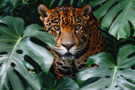 Jaguar Peeking Through Lush Tropical Foliageの素材