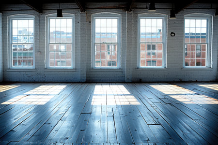 Sunlit Empty Room with Brick Walls and Windowsの素材