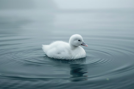 A Single White Swan Cygnet Swimming in Calm Waterの素材