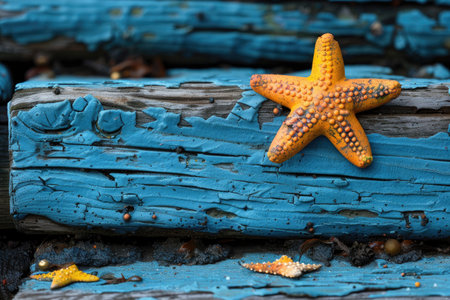 A Yellow Starfish Resting on Weathered Blue Woodの素材