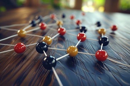 Abstract Molecular Structure with Colored Spheres on Woodの素材