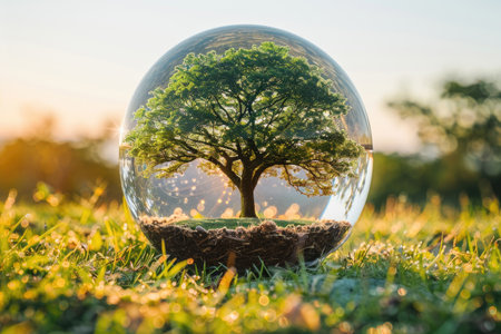 A Single Tree Encapsulated in a Glass Orb Amidst a Sunlit Meadowの素材