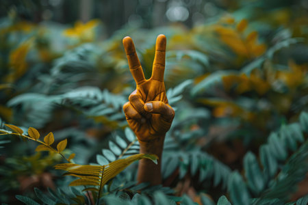 Hand Painted Gold Making the Peace Sign Through Lush Foliageの素材