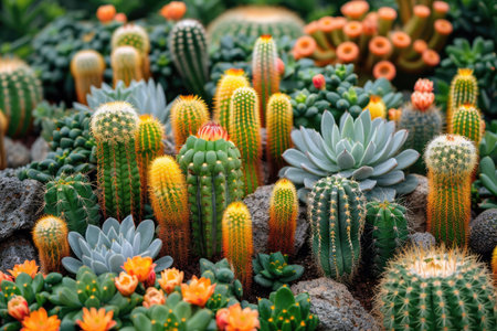 Diverse Cactus and Succulent Garden with Colorful Bloomsの素材