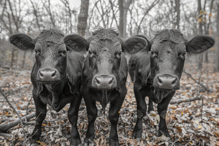 Three Black Cows Standing Close Together in a Forestの素材