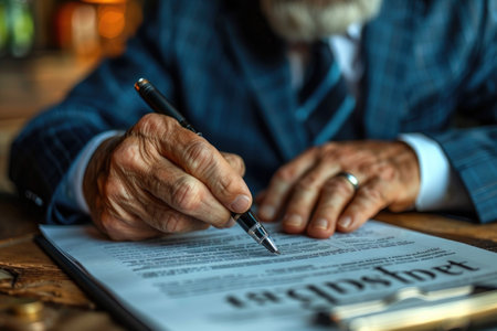Senior Man's Hand Signing a Legal Documentの素材