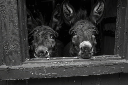 Two Donkeys Peeking Through a Windowの素材