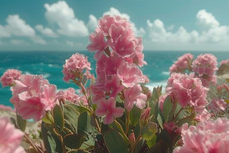 Pink Flowers Blooming Against a Blue Ocean and Cloudy Skyの素材