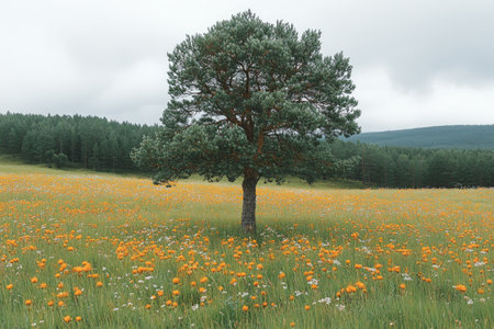 A Single Pine Tree Standing in a Field of Yellow Wildflowersの素材